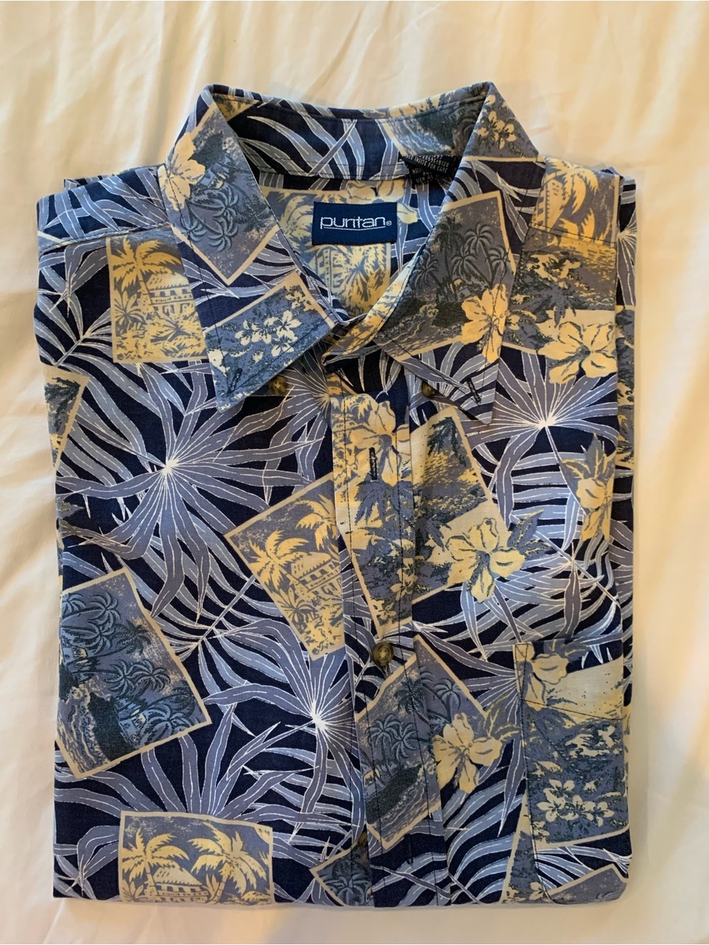 Puritan Navy & Yellow Tropical Patchwork Button-Down Shirt